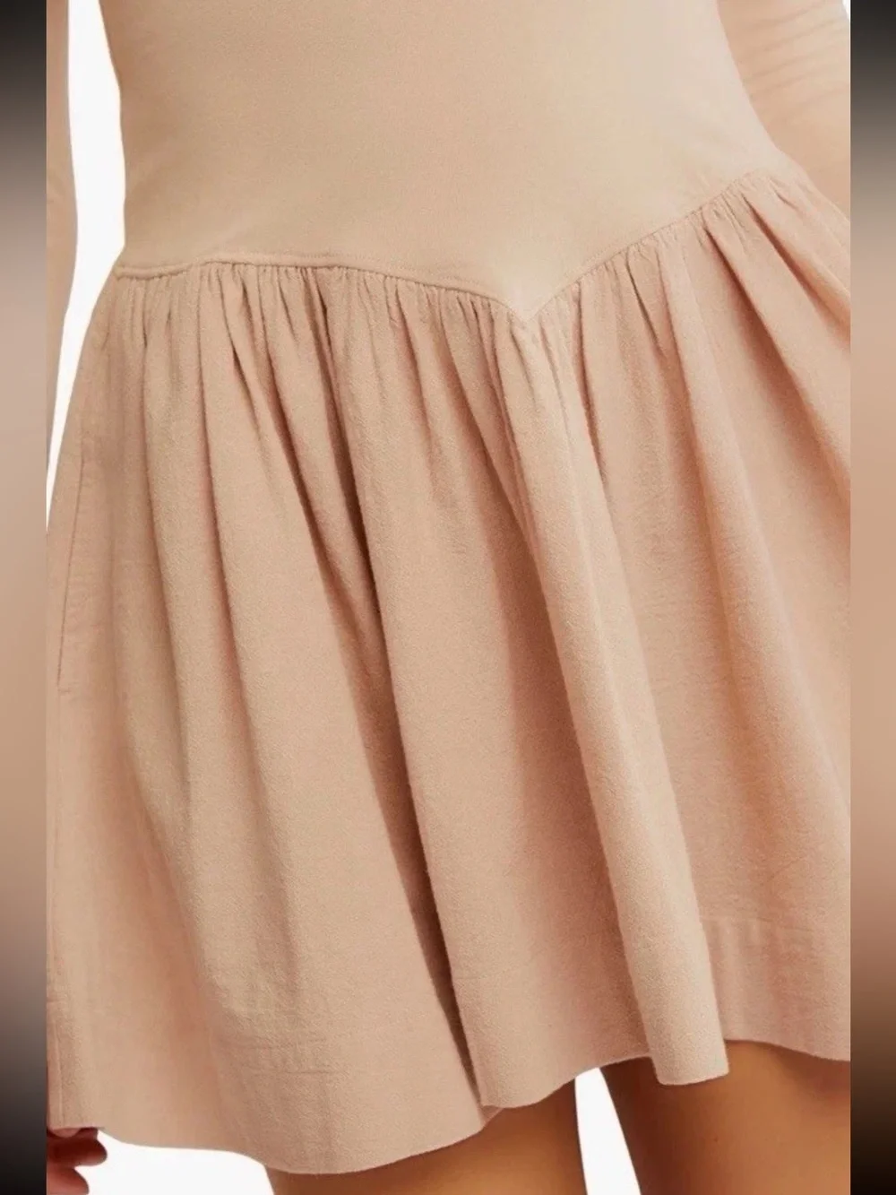 Free People Tan Solid Square Neck Long Sleeve Stretch Knit Mini Dress Small NWT